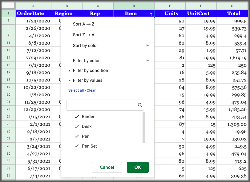 Google sheets filter not working