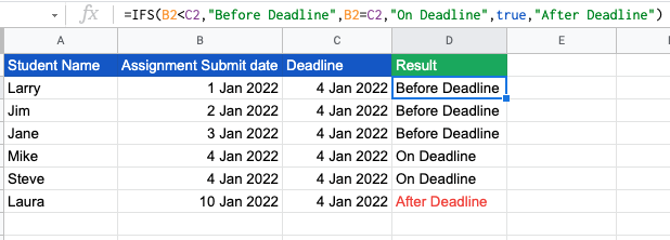Google sheets compare dates IFS formula