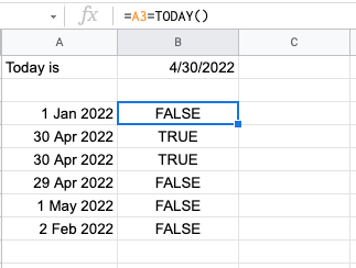 Google sheets compare dates with today