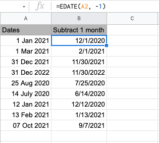 Subtract months from the date in google sheets