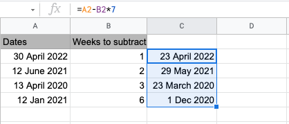 Subtract weeks from date in google sheets