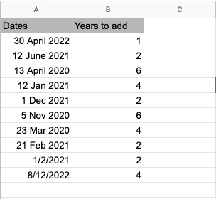 add years to date in google sheets example