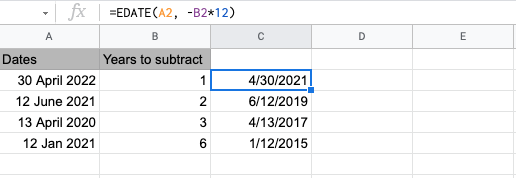 Subtract years from the date in google sheets