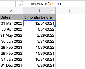 last day of month 3 months ago in google sheets