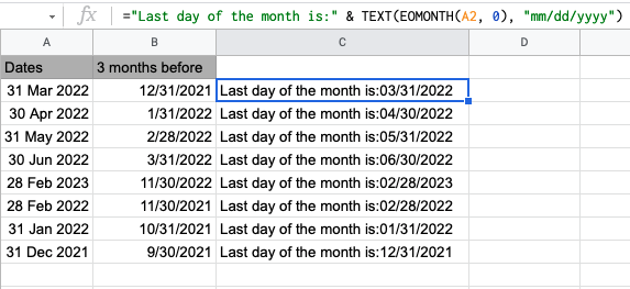 Last day of the month in google sheets inside formula