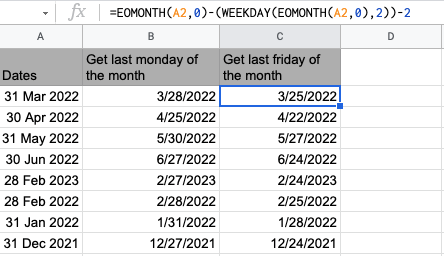 last Monday of the month in google sheets