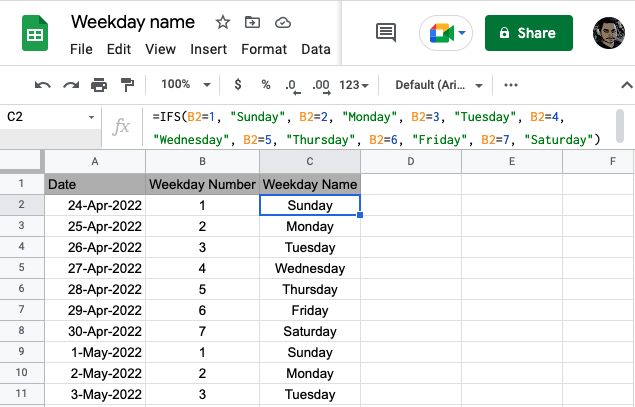 Weekday name from date in google sheets example
