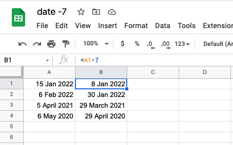 Date -7 days in google sheets example