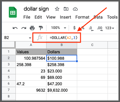 Add dollar sign in google sheets