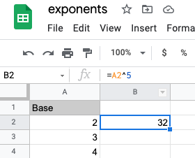 exponents in google sheets - caret character