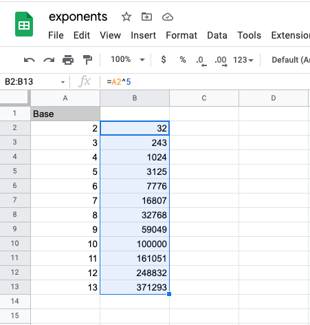 exponents in google sheets examples