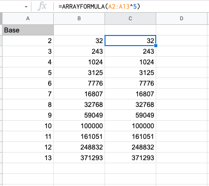 exponents in google sheets with array formula