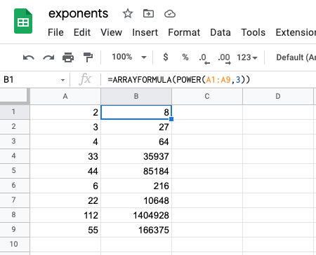 exponents in google sheets using power formula