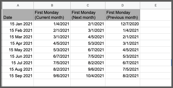 first Monday of month in google sheets