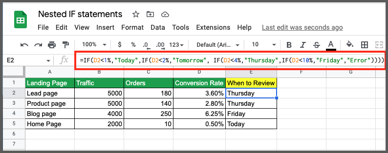 Nested IF statements in google sheets