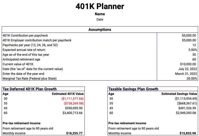 Free 401k-Planner Template Google Sheets