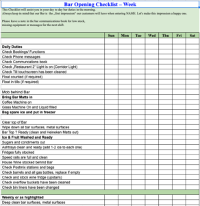 Free Bar cleaning, opening and closing checklist Template google sheets ...