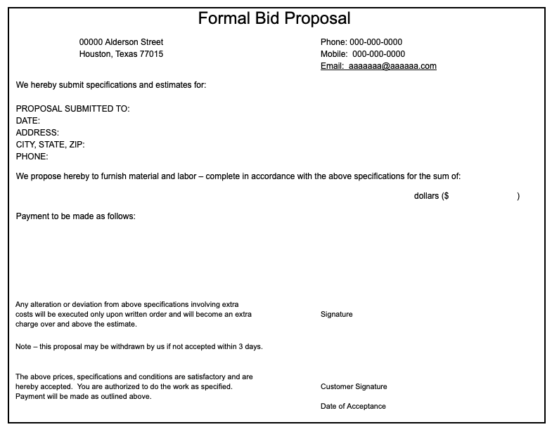 Free Formal Bid Proposal Template Google Sheets