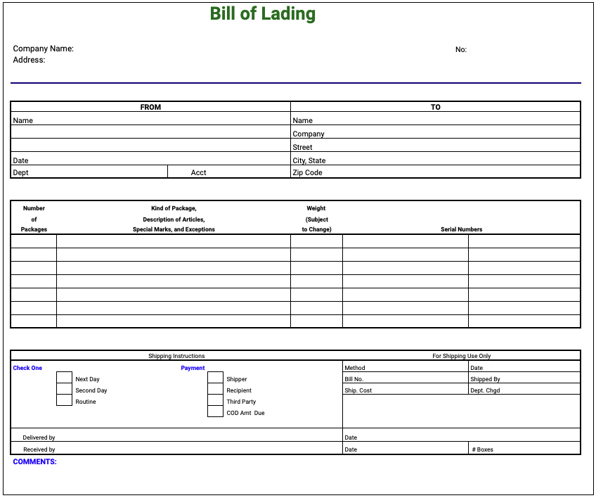 Free Bill of Lading Template Google Sheets