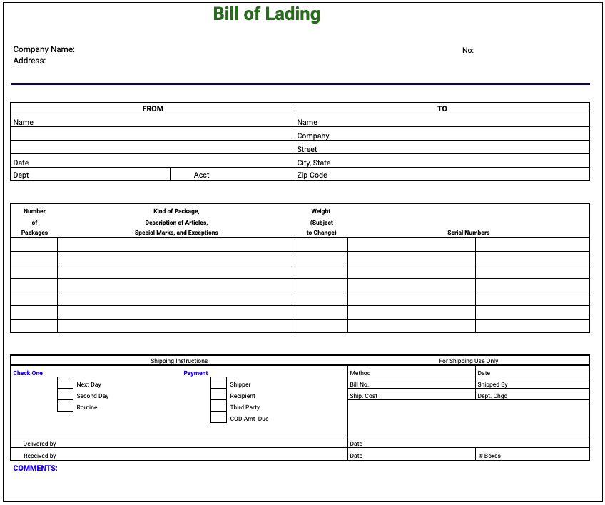 Free Bill of Lading Template Google Sheets SheetsIQ