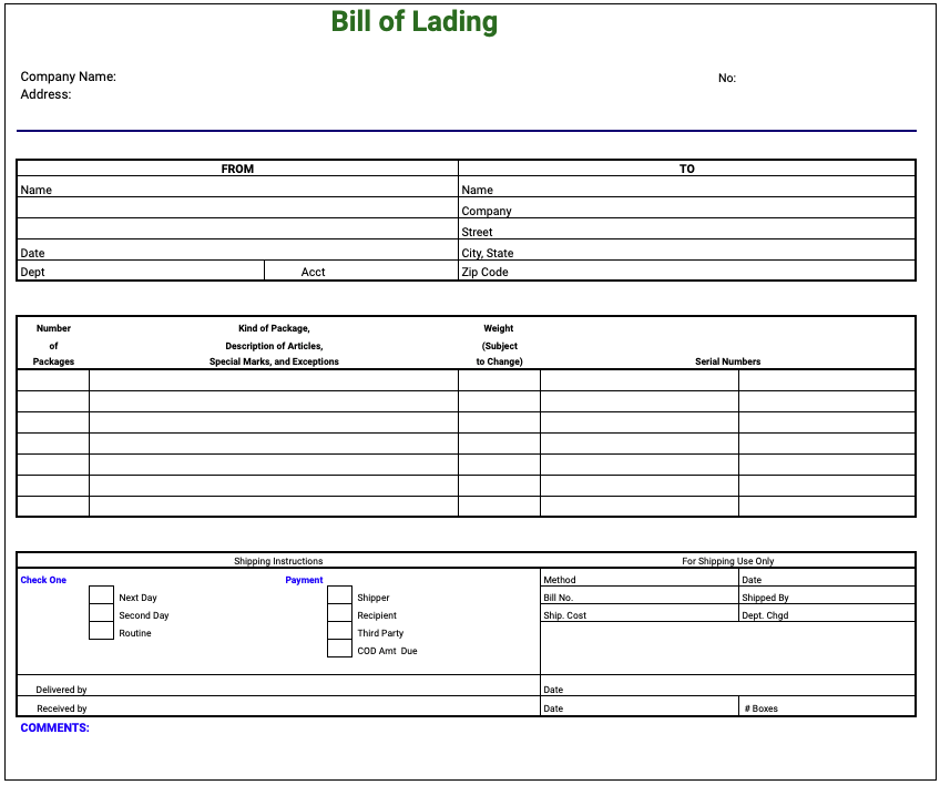 Free Bill Of Lading Template Google Sheets SheetsIQ
