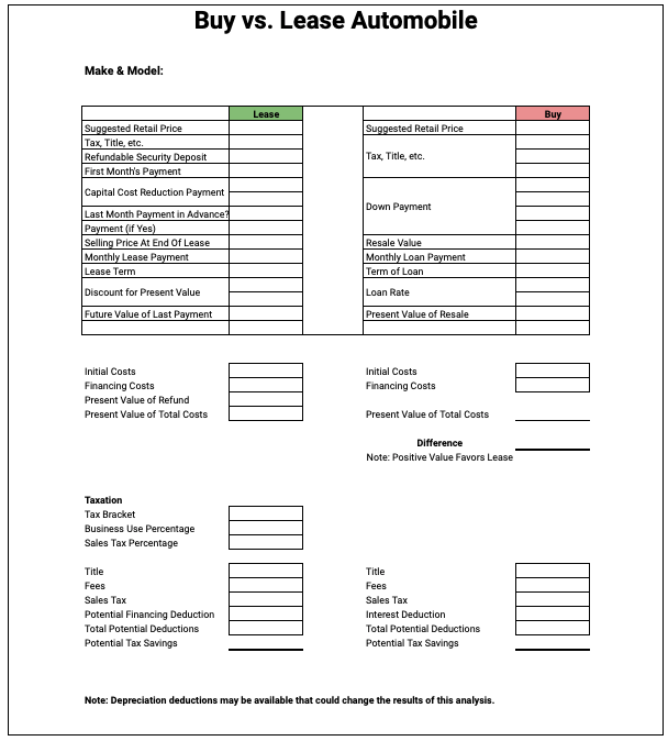 Free Buy vs Lease Car Template Google Sheets