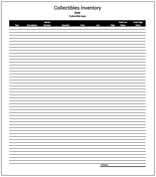 Free Collectibles Inventory Template Google Sheets