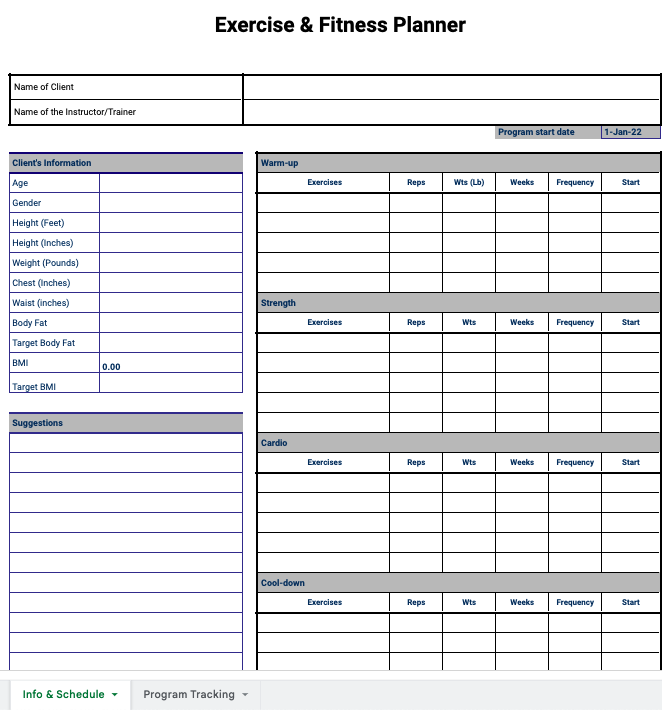 Free Exercise Schedule Template Google Sheets