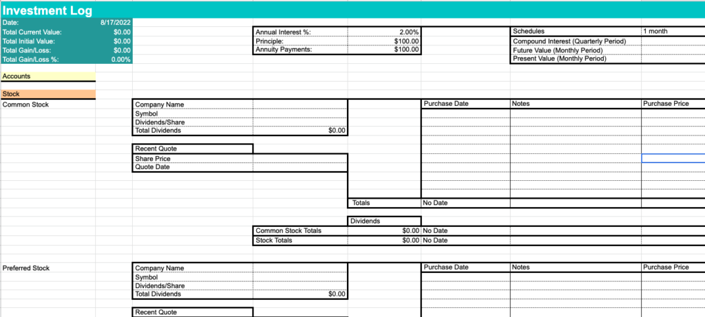 Free Investment Log Template Google Sheets