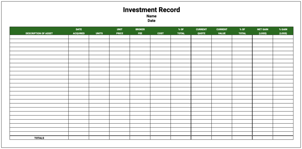 Free Investment Record Template Google Sheets