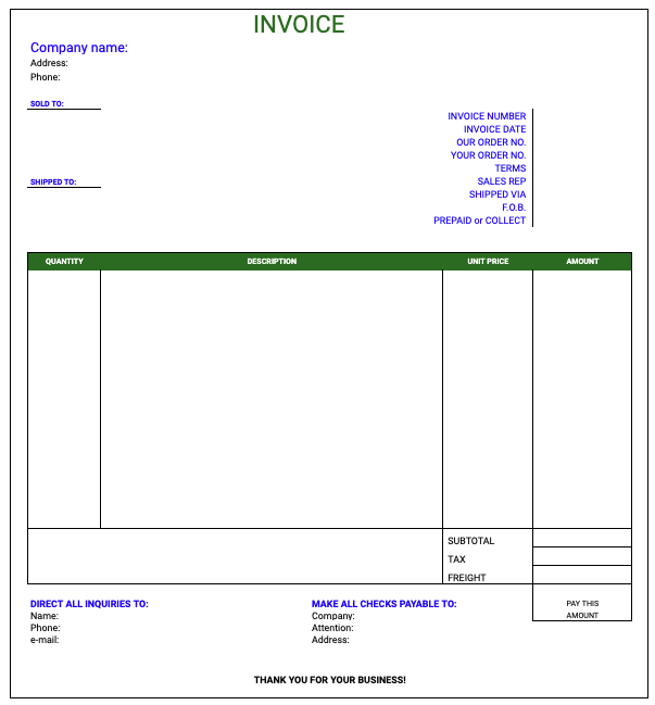 google sheets commercial invoice template