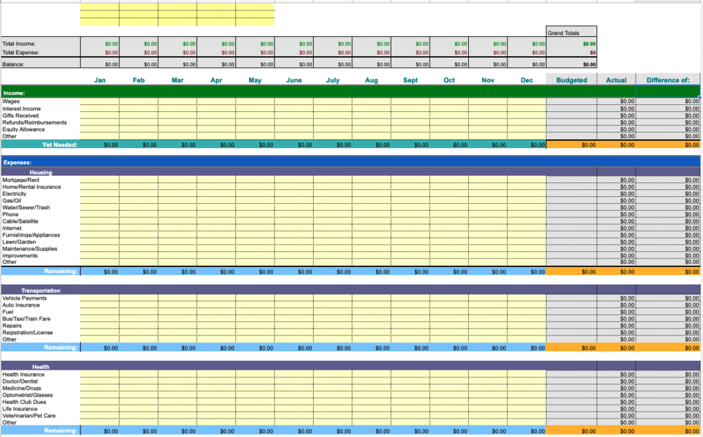 personal budget templates for google sheet