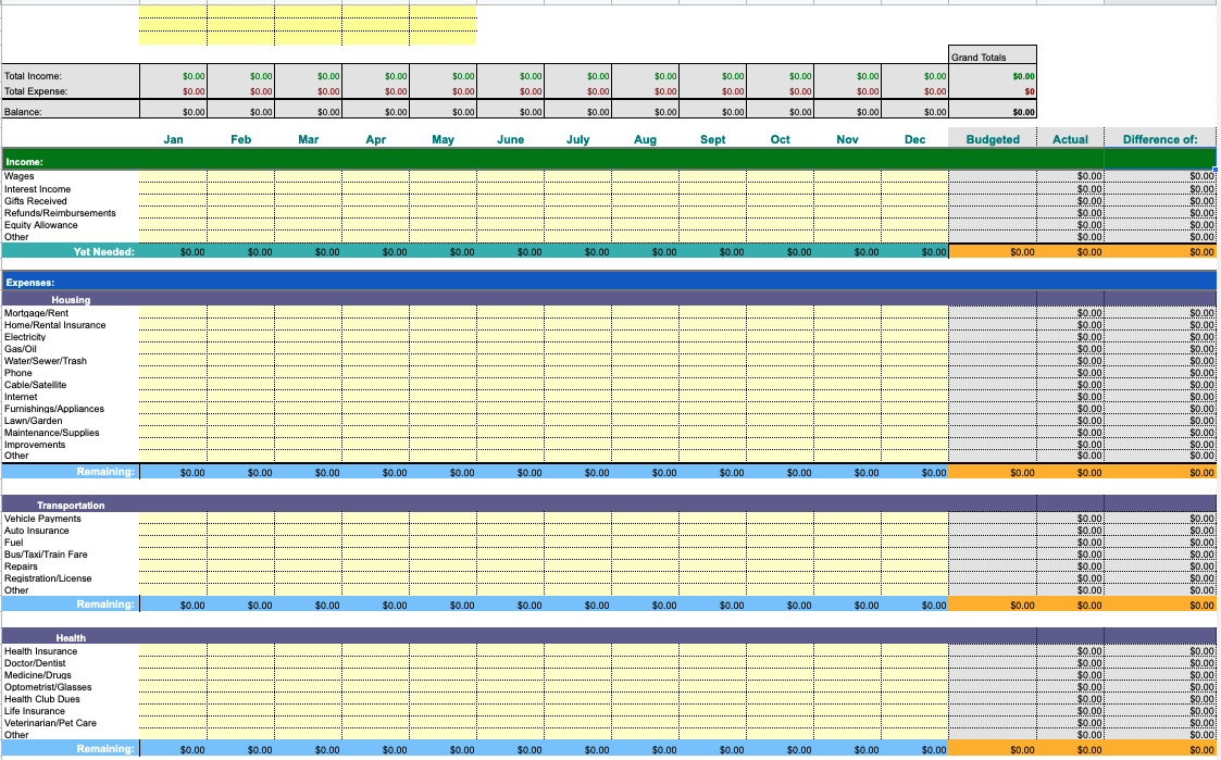 google sheets household budget template