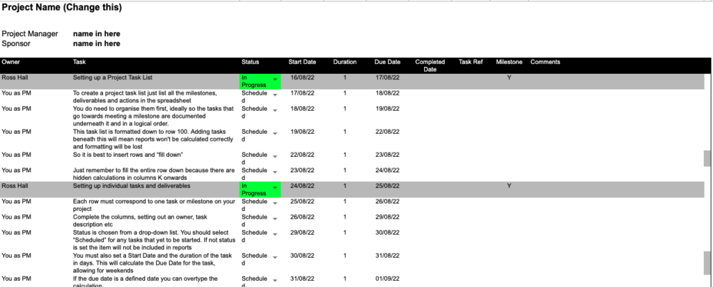 Free Project Task List Template Google Sheets