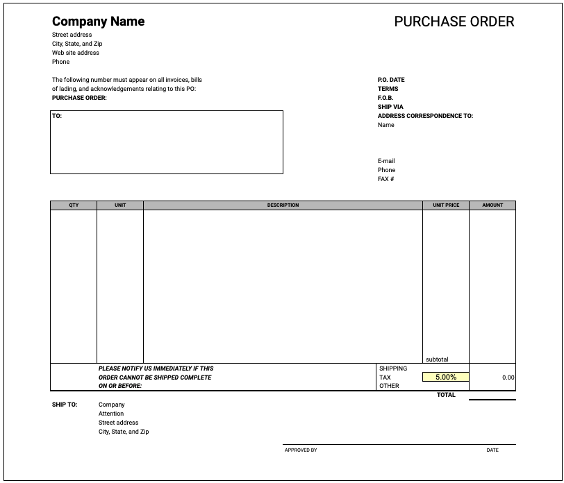 Free Purchase Order Template Google Sheets