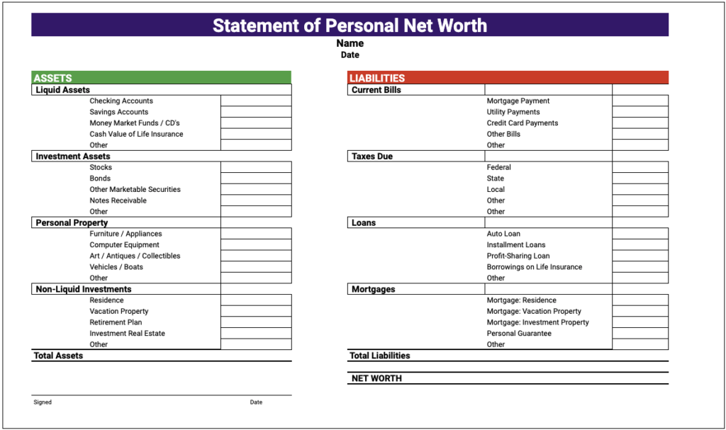 Free Statement of Net Worth Template Google Sheets