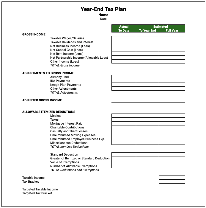 Free Year End Tax Plan Template Google Sheets